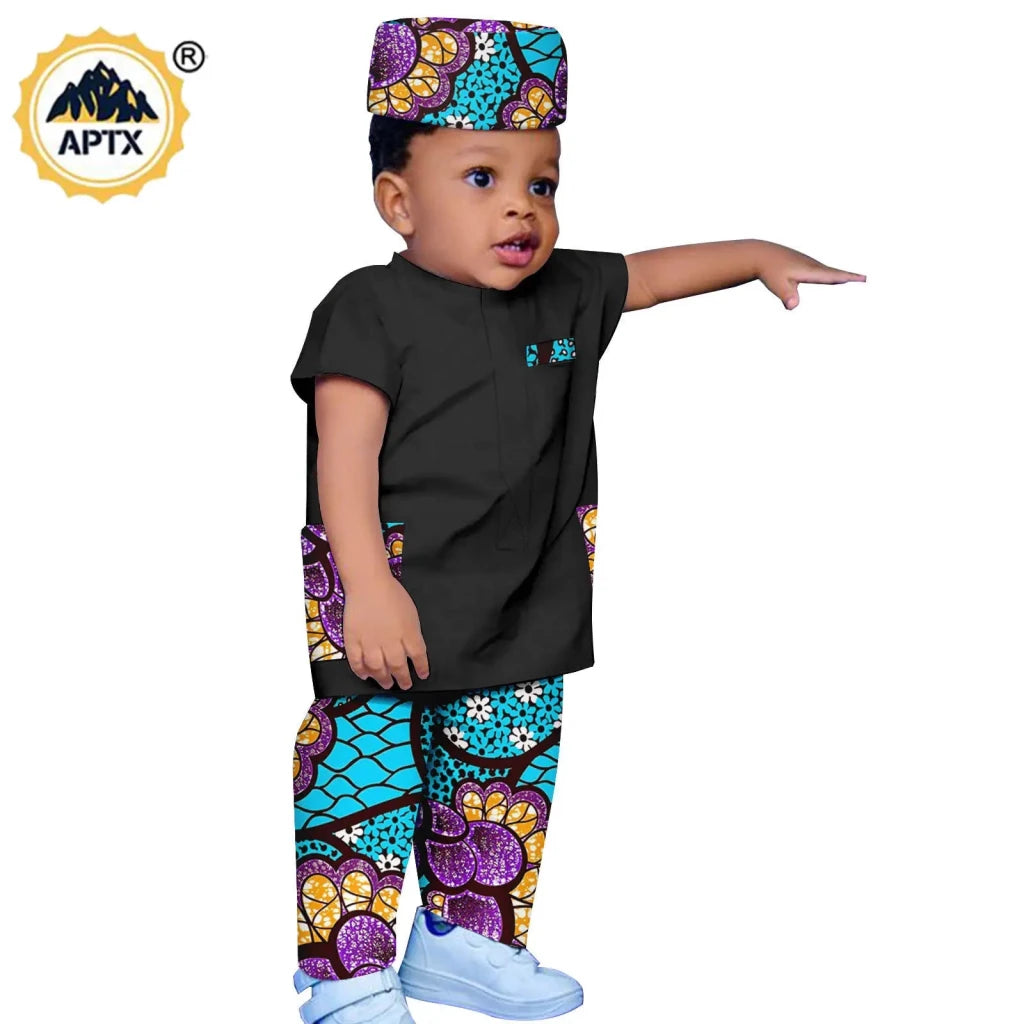 African Boys Bazin Riche 3PC Outfit – Dashiki Print Short Sleeve Top, Pants & Hat Set - Free Delivery Worldwide only at Flexi Africa