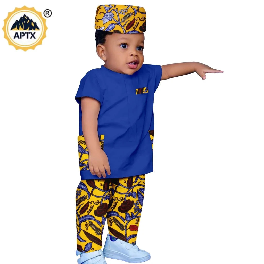 African Boys Bazin Riche 3PC Outfit – Dashiki Print Short Sleeve Top, Pants & Hat Set - Free Delivery Worldwide only at Flexi Africa