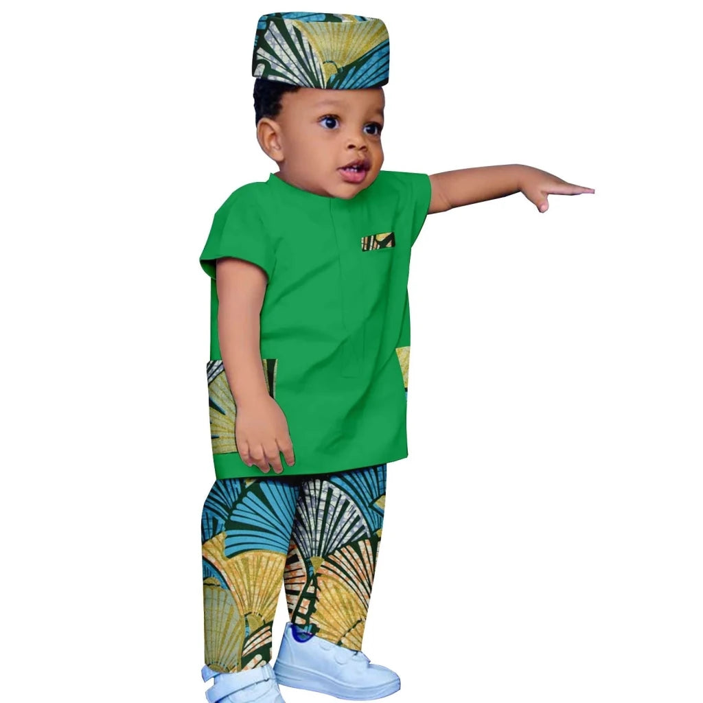 African Boys Bazin Riche 3PC Outfit – Dashiki Print Short Sleeve Top, Pants & Hat Set - Free Delivery Worldwide only at Flexi Africa