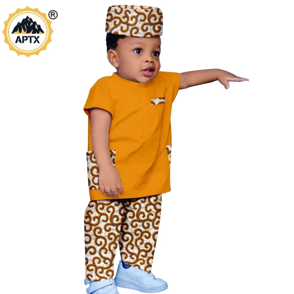 African Boys Bazin Riche 3PC Outfit – Dashiki Print Short Sleeve Top, Pants & Hat Set - Free Delivery Worldwide only at Flexi Africa