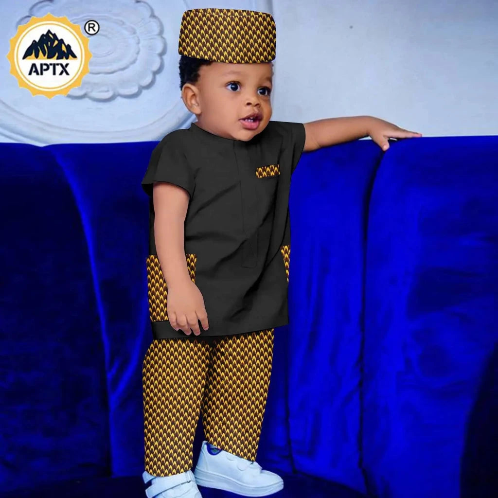 African Boys Bazin Riche 3PC Outfit – Dashiki Print Short Sleeve Top, Pants & Hat Set - Free Delivery Worldwide only at Flexi Africa