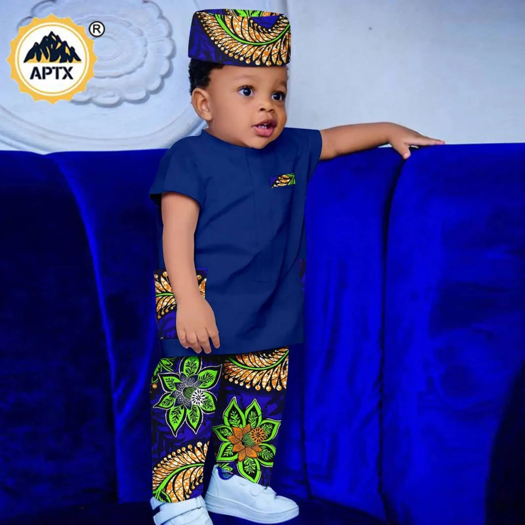 African Boys Bazin Riche 3PC Outfit – Dashiki Print Short Sleeve Top, Pants & Hat Set - Free Delivery Worldwide only at Flexi Africa