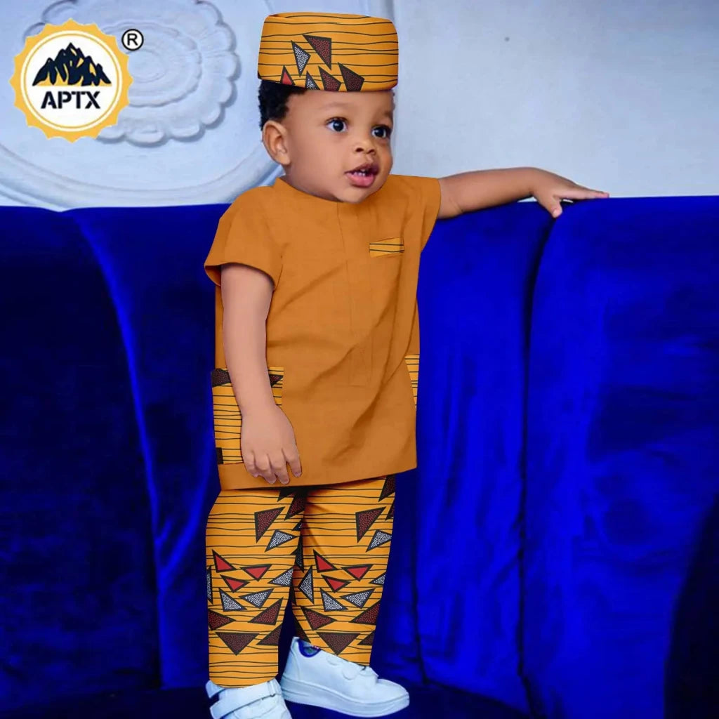 African Boys Bazin Riche 3PC Outfit – Dashiki Print Short Sleeve Top, Pants & Hat Set - Free Delivery Worldwide only at Flexi Africa