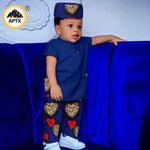 African Boys Bazin Riche 3PC Outfit – Dashiki Print Short Sleeve Top, Pants & Hat Set - Free Delivery Worldwide only at Flexi Africa