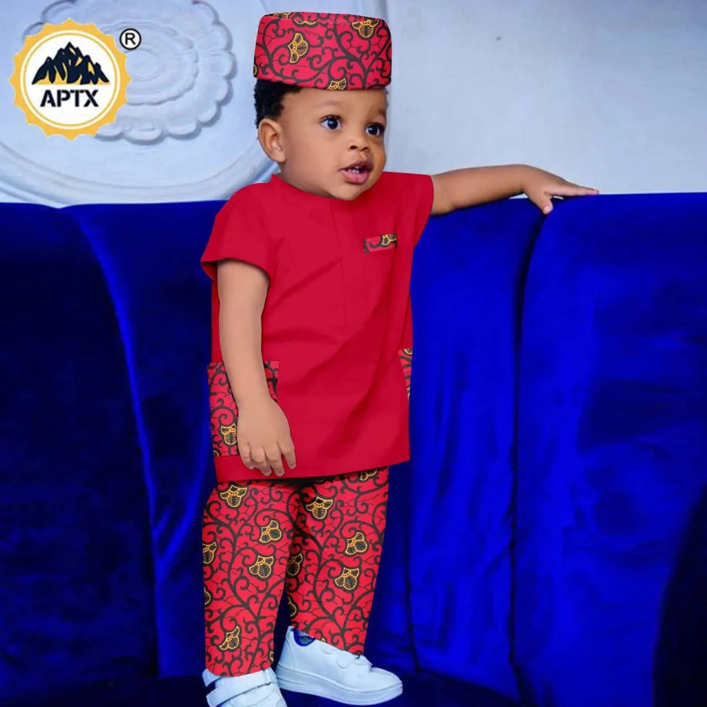 African Boys Bazin Riche 3PC Outfit – Dashiki Print Short Sleeve Top, Pants & Hat Set - Free Delivery Worldwide only at Flexi Africa