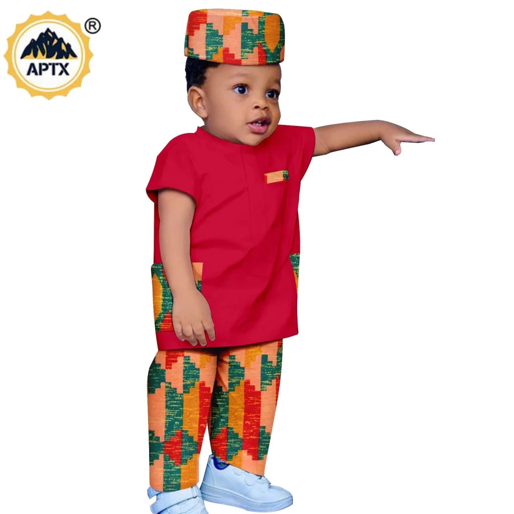 African Boys Bazin Riche 3PC Outfit – Dashiki Print Short Sleeve Top, Pants & Hat Set - Free Delivery Worldwide only at Flexi Africa