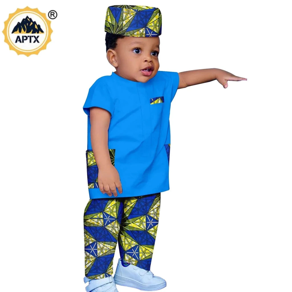 African Boys Bazin Riche 3PC Outfit – Dashiki Print Short Sleeve Top, Pants & Hat Set - Free Delivery Worldwide only at Flexi Africa