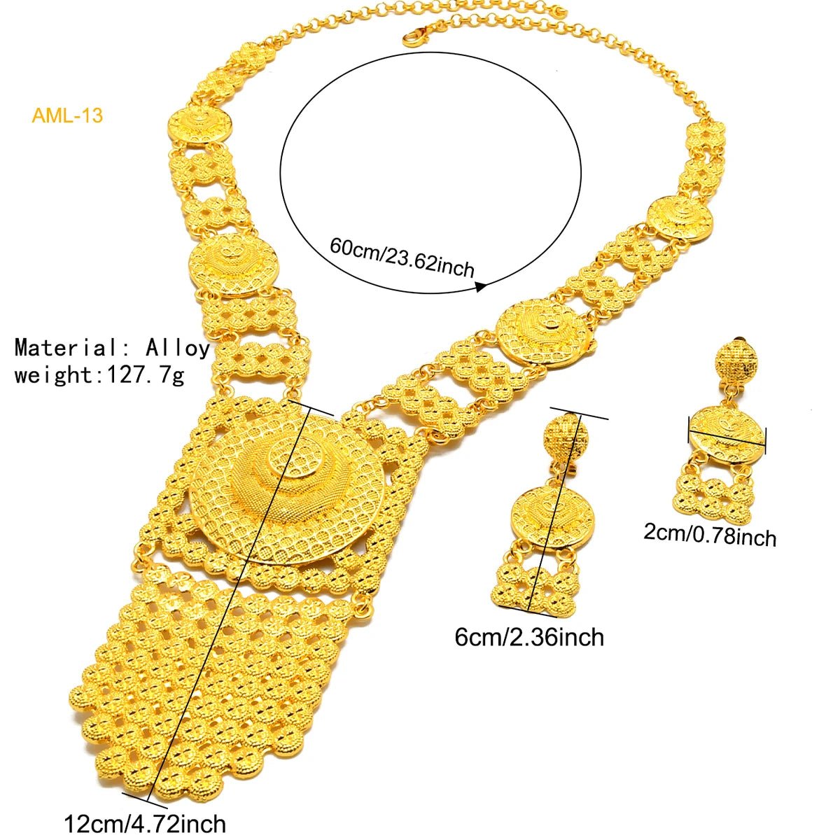 African Bridal Wedding Party Jewelry Set: Gold-Colored Necklace, Earrings, and Big Pendant Ensemble - Flexi Africa - Flexi Africa offers Free Delivery Worldwide - Vibrant African traditional clothing showcasing bold prints and intricate designs