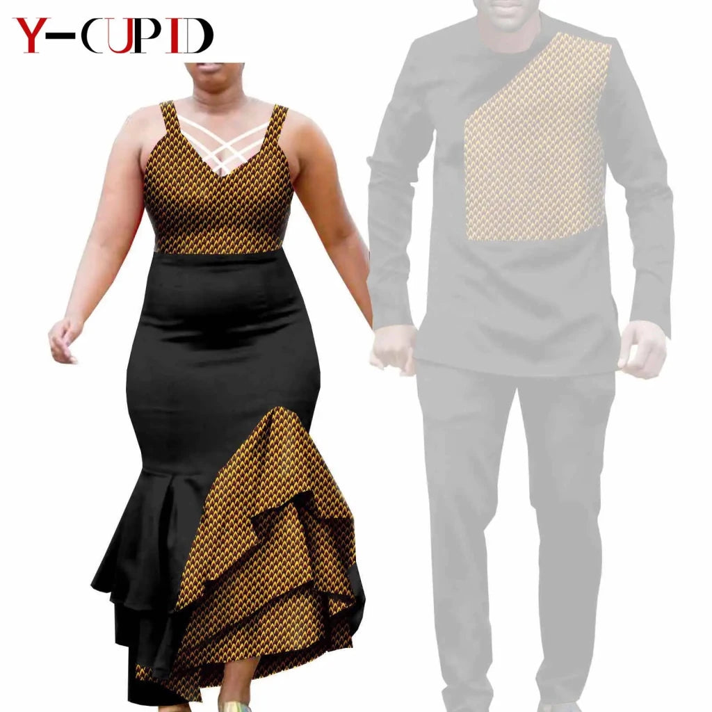 African Clothes for Couple Print Long Dresses for Women Dashiki Men Outfits Shirts and Pants 2 Piece Sets for Wedding A21C005 - Free Delivery Worldwide only at Flexi Africa