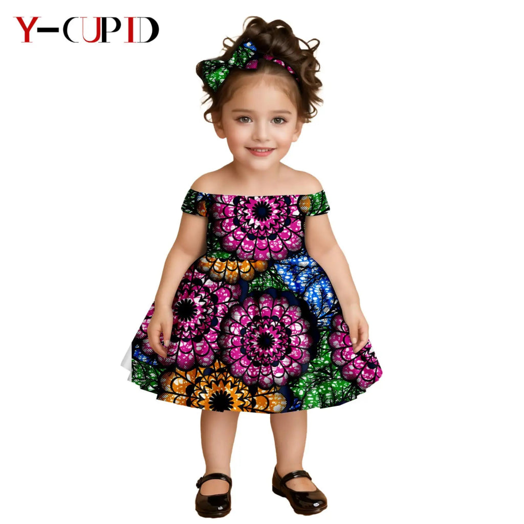 African Clothes for Kids Girls – Ankara Print Slash Neck Party Dress with Bow Headband - Free Delivery Worldwide only at Flexi Africa
