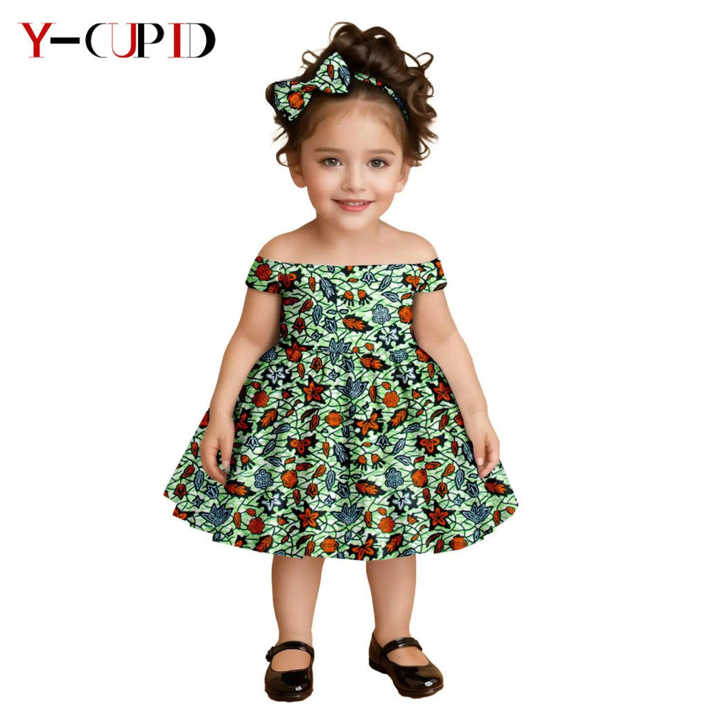 African Clothes for Kids Girls – Ankara Print Slash Neck Party Dress with Bow Headband - Free Delivery Worldwide only at Flexi Africa