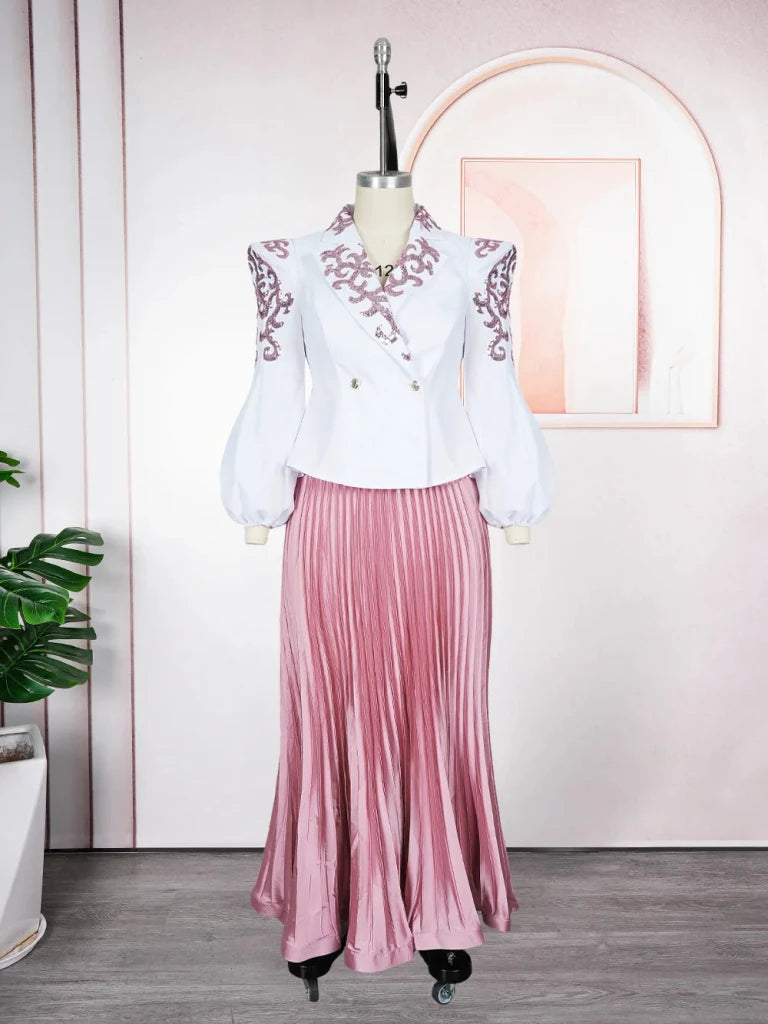 African Clothes For Women 2 Piece Matching Long Sleeve Tops And Pleated Skirt Suit Party Evening Dress Wedding Guest Attire Robe - Free Delivery Worldwide only at Flexi Africa