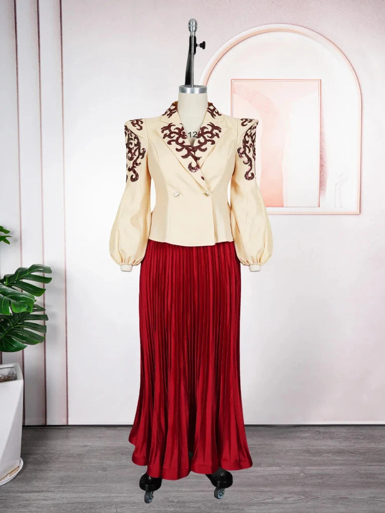 African Clothes For Women 2 Piece Matching Long Sleeve Tops And Pleated Skirt Suit Party Evening Dress Wedding Guest Attire Robe - Free Delivery Worldwide only at Flexi Africa