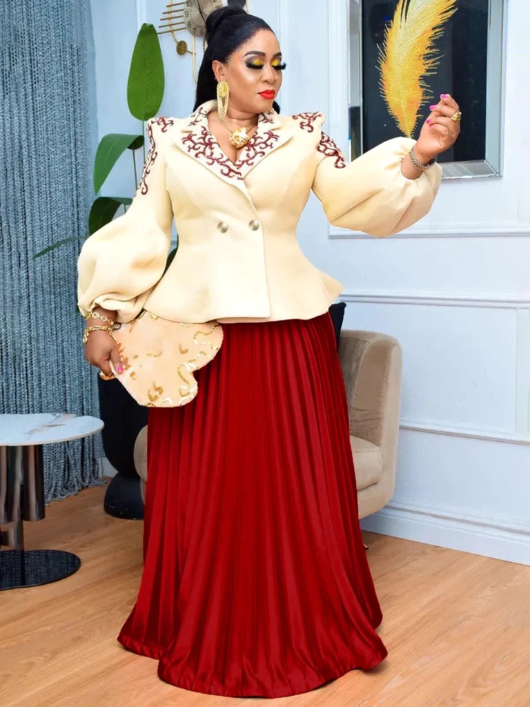 African Clothes For Women 2 Piece Matching Long Sleeve Tops And Pleated Skirt Suit Party Evening Dress Wedding Guest Attire Robe - Free Delivery Worldwide only at Flexi Africa