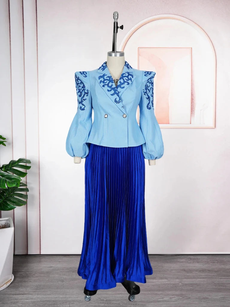 African Clothes For Women 2 Piece Matching Long Sleeve Tops And Pleated Skirt Suit Party Evening Dress Wedding Guest Attire Robe - Free Delivery Worldwide only at Flexi Africa