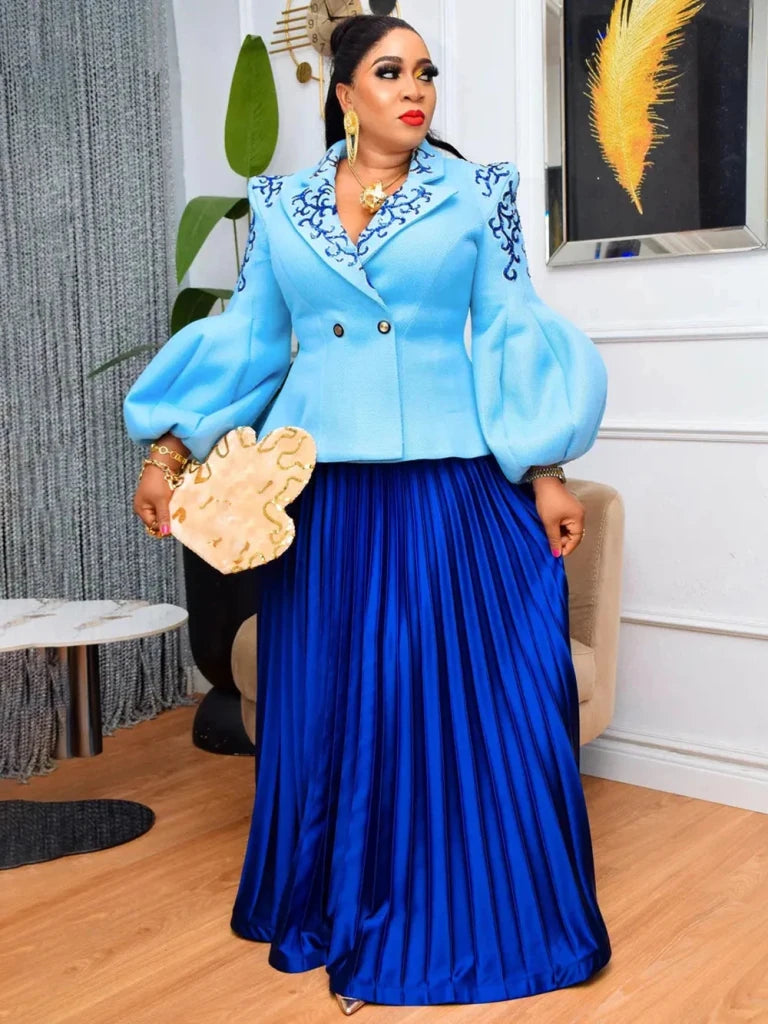 African Clothes For Women 2 Piece Matching Long Sleeve Tops And Pleated Skirt Suit Party Evening Dress Wedding Guest Attire Robe - Free Delivery Worldwide only at Flexi Africa