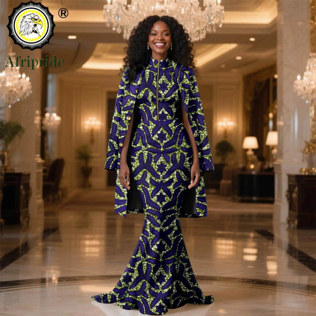 African Clothes for Women 2PC Set – Single Breasted Jacket and Zipper Maxi Dress Ankara Print Outfit - Free Delivery Worldwide only at Flexi Africa