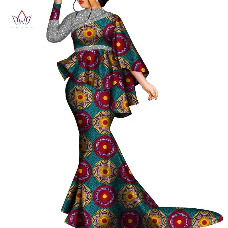 Buy African Bazin Riche Floral Printed 2PC Set – Irregular Bat Sleeve Top & Long Skirt Elegant Party Outfit for Women