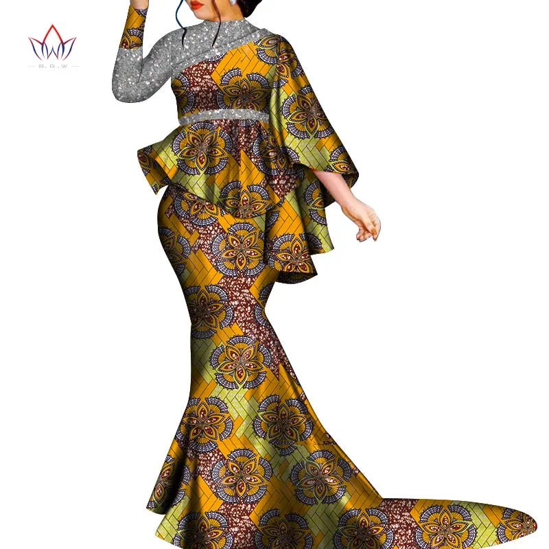 Buy African Bazin Riche Floral Printed 2PC Set – Irregular Bat Sleeve Top & Long Skirt Elegant Party Outfit for Women