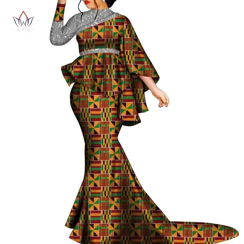 Buy African Bazin Riche Floral Printed 2PC Set – Irregular Bat Sleeve Top & Long Skirt Elegant Party Outfit for Women
