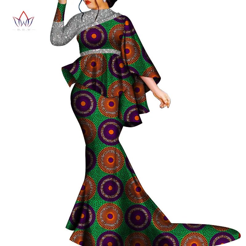 Buy African Bazin Riche Floral Printed 2PC Set – Irregular Bat Sleeve Top & Long Skirt Elegant Party Outfit for Women