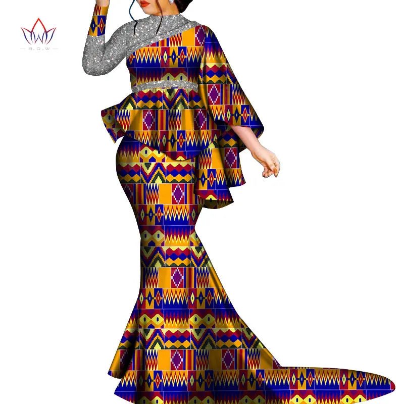Buy African Bazin Riche Floral Printed 2PC Set – Irregular Bat Sleeve Top & Long Skirt Elegant Party Outfit for Women