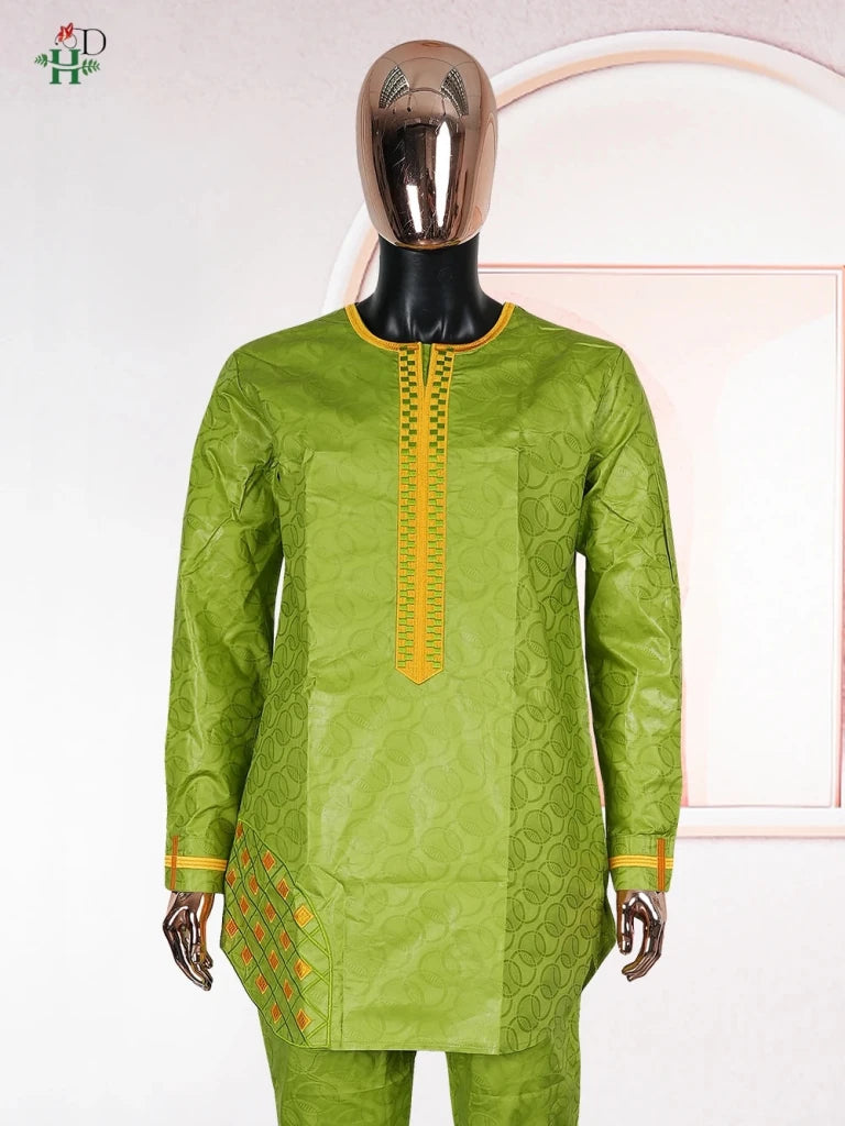 Traditional Agbada Sets 2PCS Green Bazin Riche Shirt Pant Suits Plus Size - Free Delivery Worldwide only at Flexi Africa