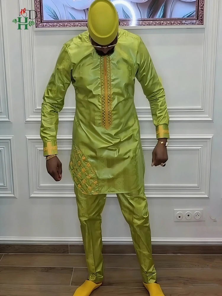 Traditional Agbada Sets 2PCS Green Bazin Riche Shirt Pant Suits Plus Size - Free Delivery Worldwide only at Flexi Africa