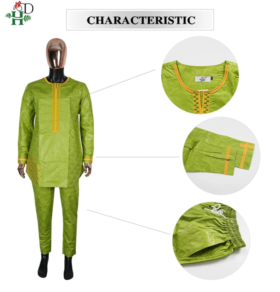Traditional Agbada Sets 2PCS Green Bazin Riche Shirt Pant Suits Plus Size - Free Delivery Worldwide only at Flexi Africa