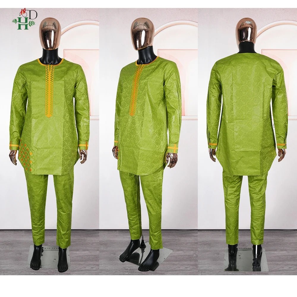Traditional Agbada Sets 2PCS Green Bazin Riche Shirt Pant Suits Plus Size - Free Delivery Worldwide only at Flexi Africa