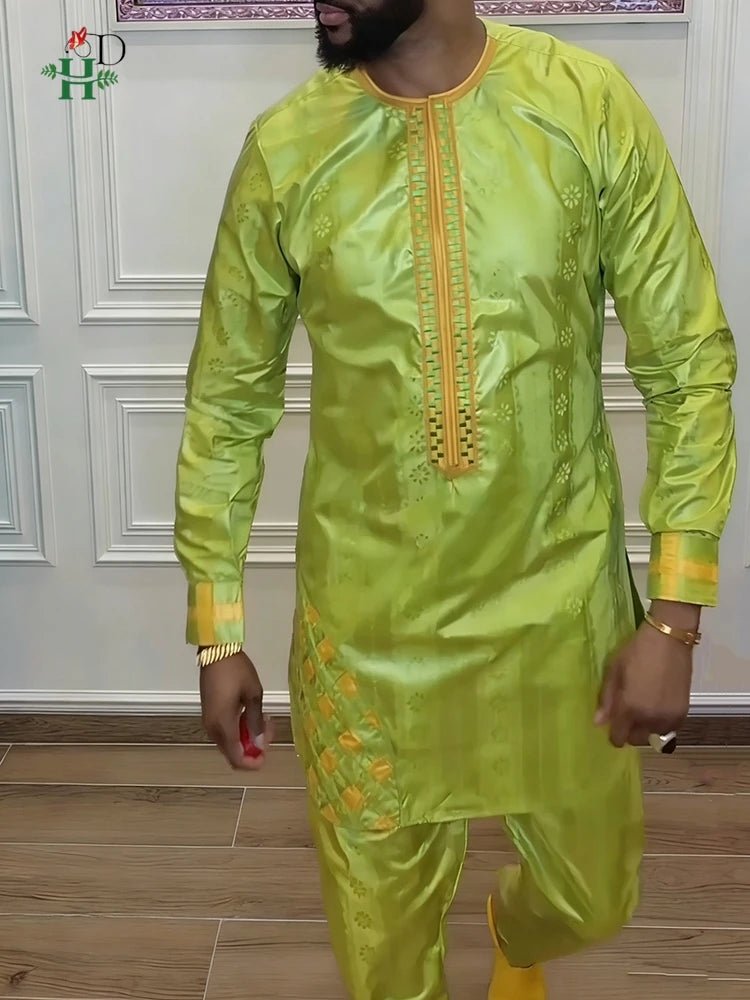 Traditional Agbada Sets 2PCS Green Bazin Riche Shirt Pant Suits Plus Size - Free Delivery Worldwide only at Flexi Africa