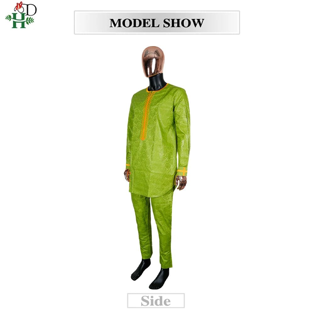 Traditional Agbada Sets 2PCS Green Bazin Riche Shirt Pant Suits Plus Size - Free Delivery Worldwide only at Flexi Africa