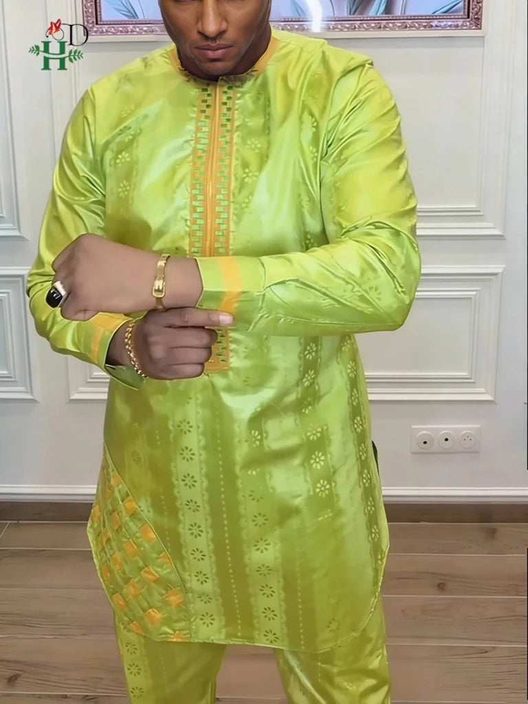 Traditional Agbada Sets 2PCS Green Bazin Riche Shirt Pant Suits Plus Size - Free Delivery Worldwide only at Flexi Africa