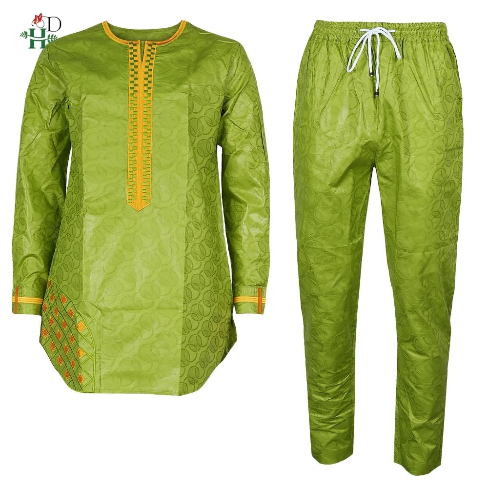 Traditional Agbada Sets 2PCS Green Bazin Riche Shirt Pant Suits Plus Size - Free Delivery Worldwide only at Flexi Africa