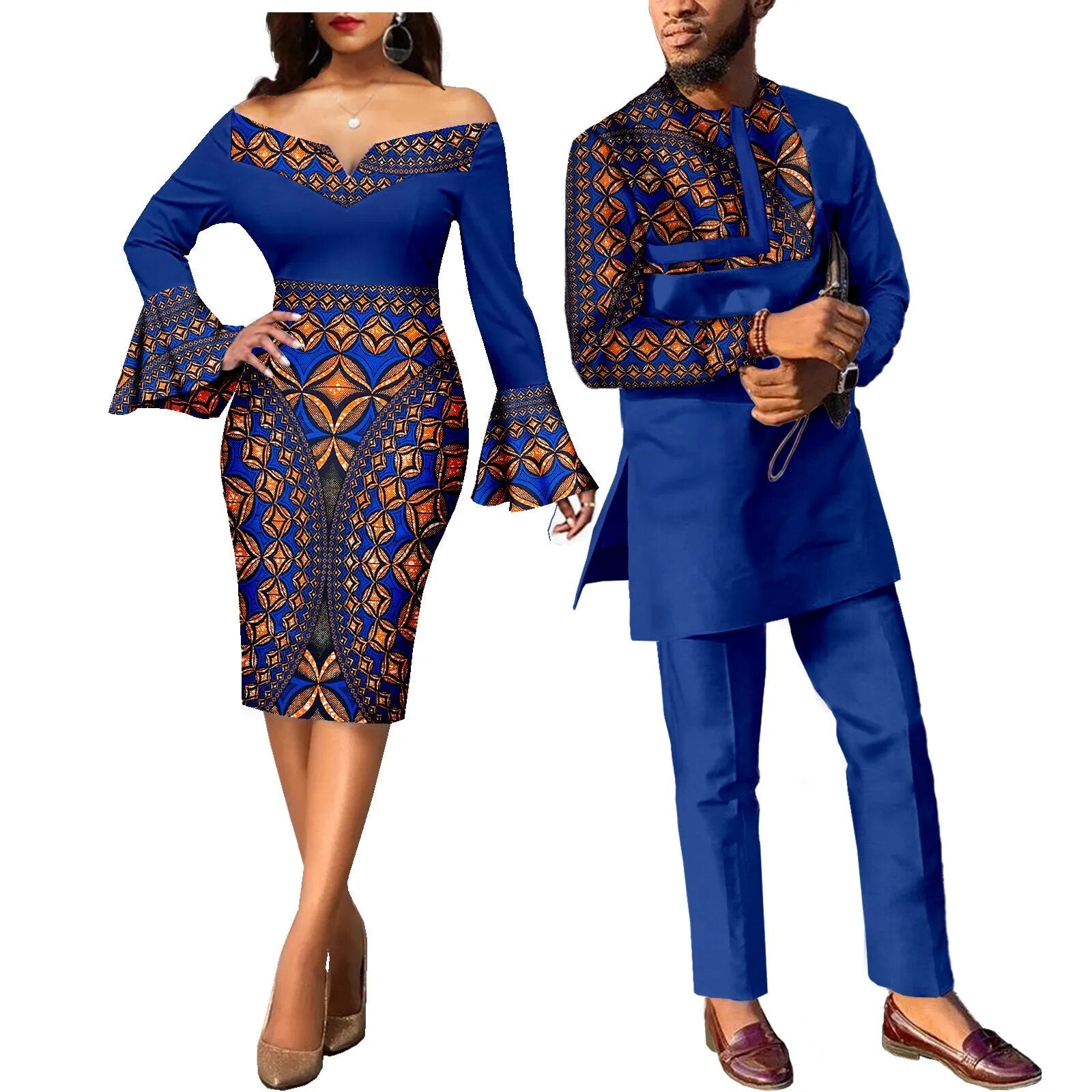 African Couple Clothes Ankara Print Dresses for Women & Men's Dashiki Suits - Flexi Africa - Free Delivery Worldwide only