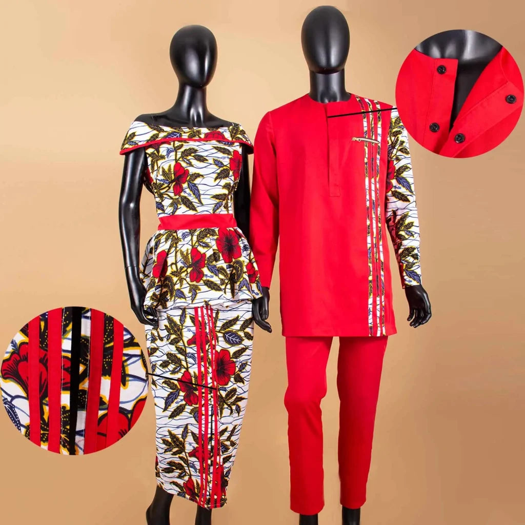 African Couple Matching Dashiki Set – Men’s Shirt & Pants + Women’s Split Dress - Free Delivery Worldwide only at Flexi Africa