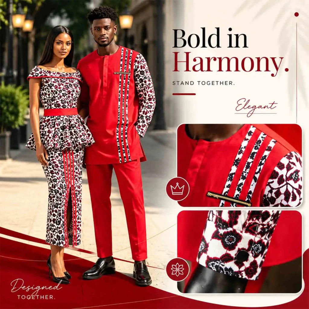 African Couple Matching Dashiki Set – Men’s Shirt & Pants + Women’s Split Dress - Free Delivery Worldwide only at Flexi Africa