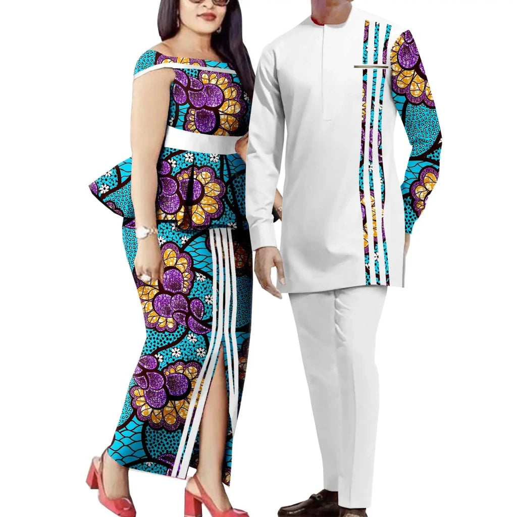 African Couple Matching Dashiki Set – Men’s Shirt & Pants + Women’s Split Dress - Free Delivery Worldwide only at Flexi Africa