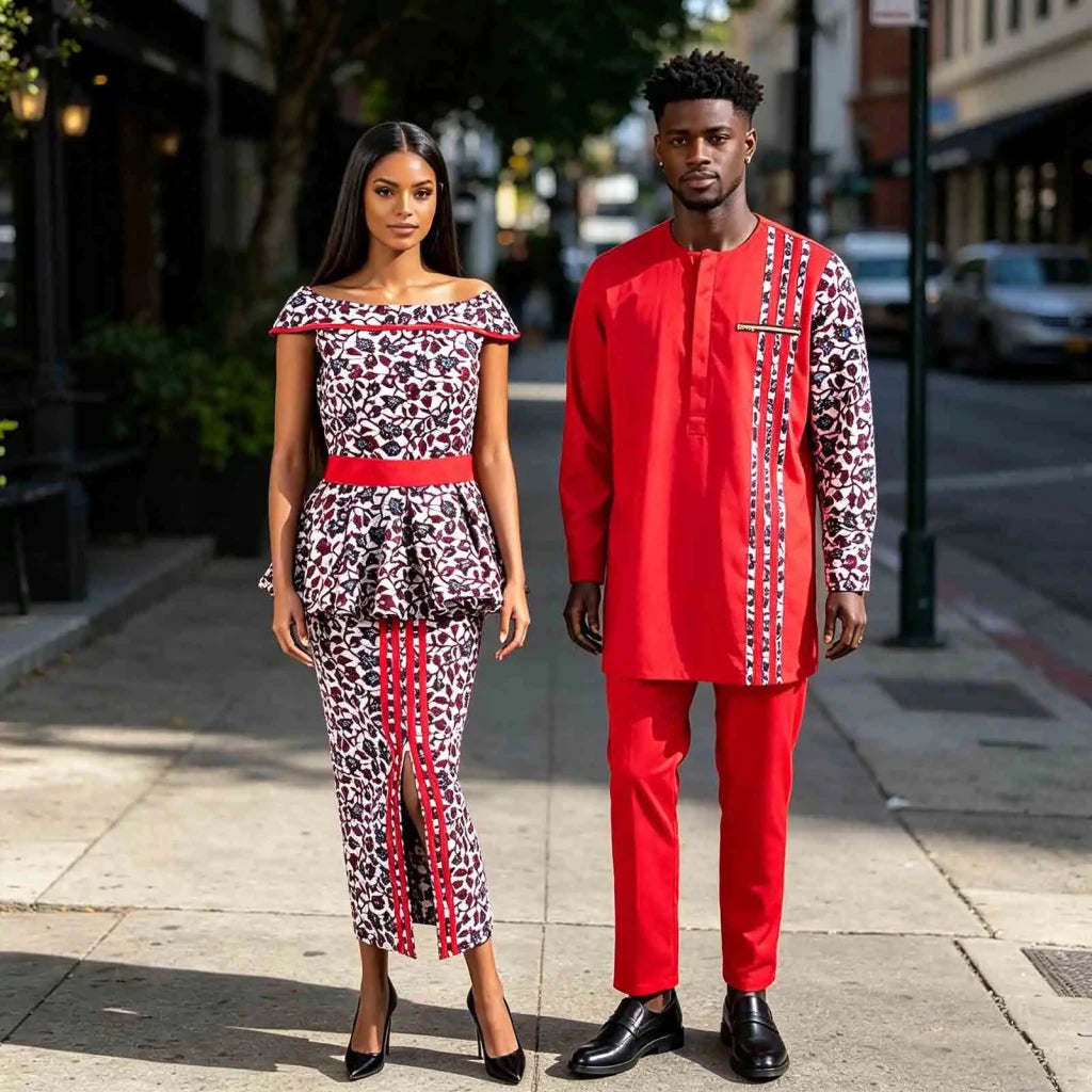 African Couple Matching Dashiki Set – Men’s Shirt & Pants + Women’s Split Dress - Free Delivery Worldwide only at Flexi Africa