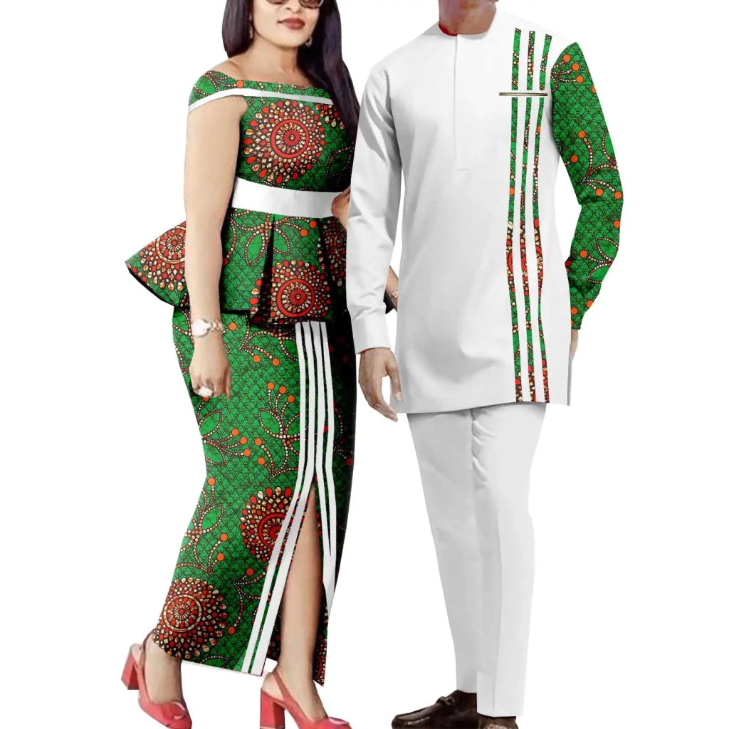 African Couple Matching Dashiki Set – Men’s Shirt & Pants + Women’s Split Dress - Free Delivery Worldwide only at Flexi Africa