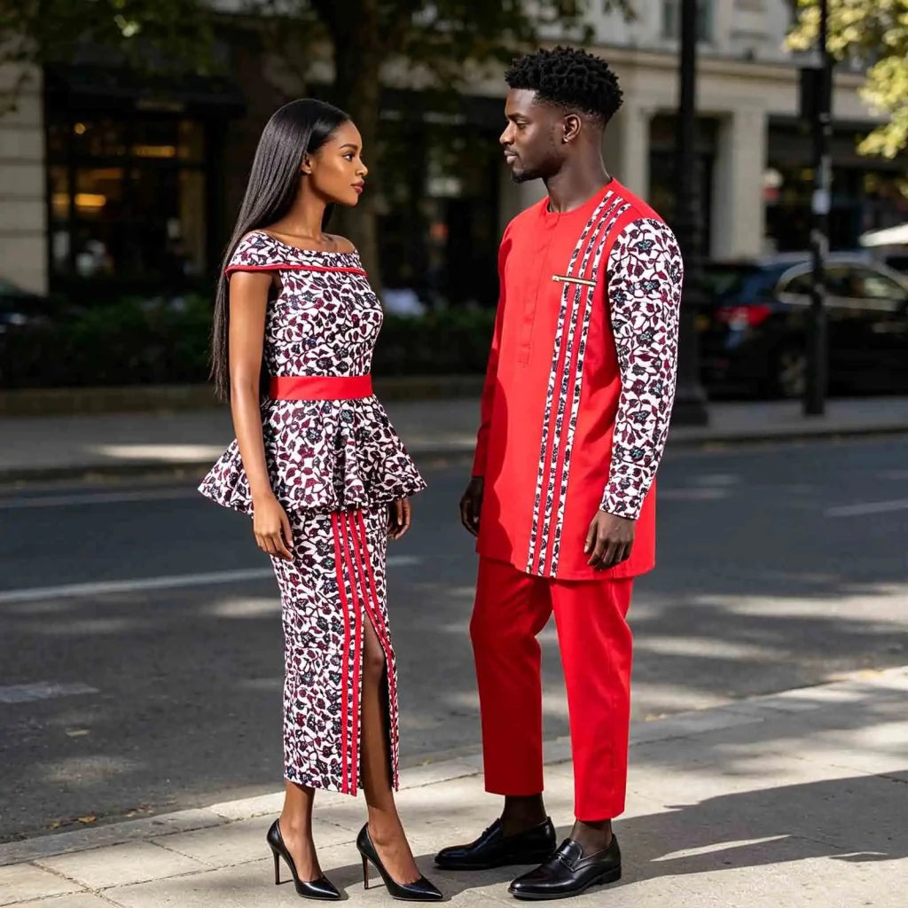 African Couple Matching Dashiki Set – Men’s Shirt & Pants + Women’s Split Dress - Free Delivery Worldwide only at Flexi Africa