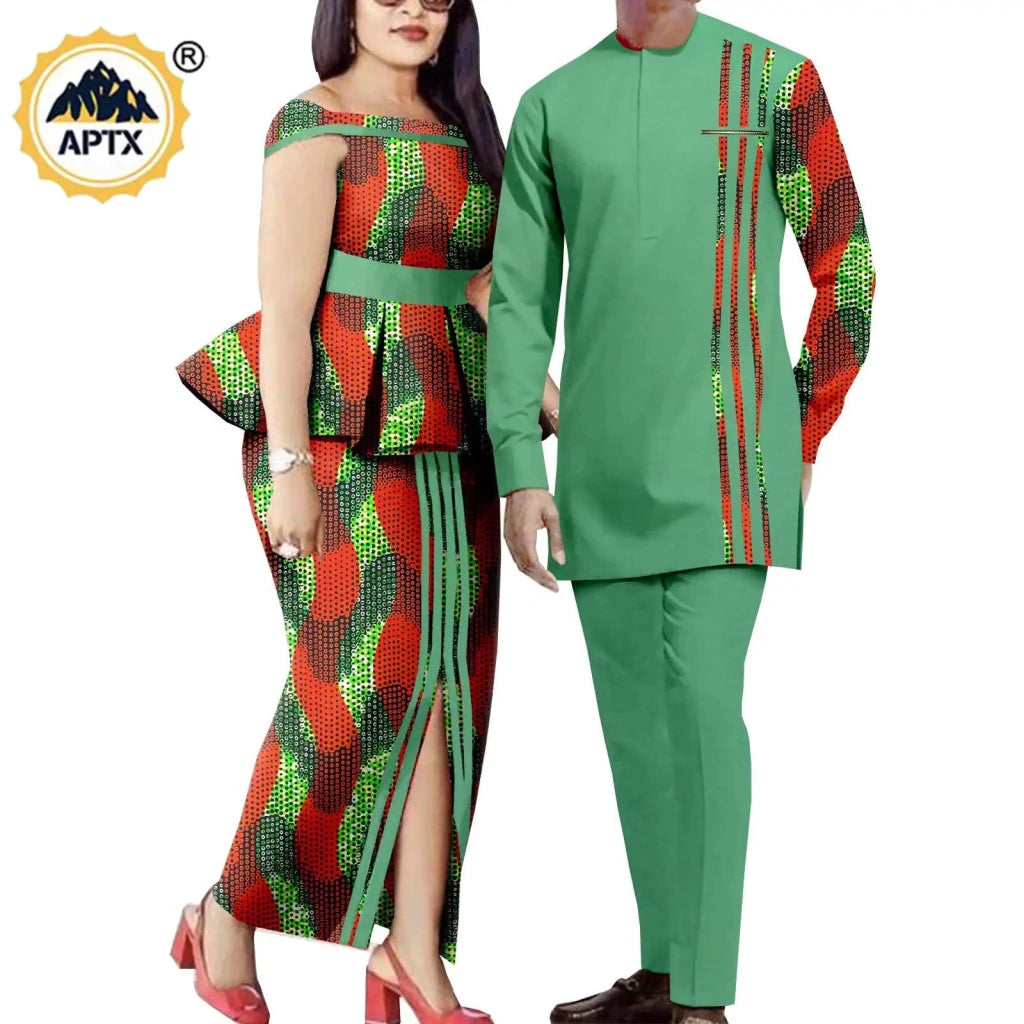 African Couple Matching Dashiki Set – Men’s Shirt & Pants + Women’s Split Dress - Free Delivery Worldwide only at Flexi Africa