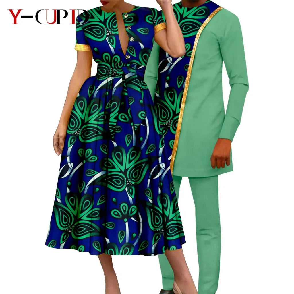 African Couple Matching Dashiki Set – Women’s Dress & Men’s Top & Pants - Free Delivery Worldwide only at Flexi Africa