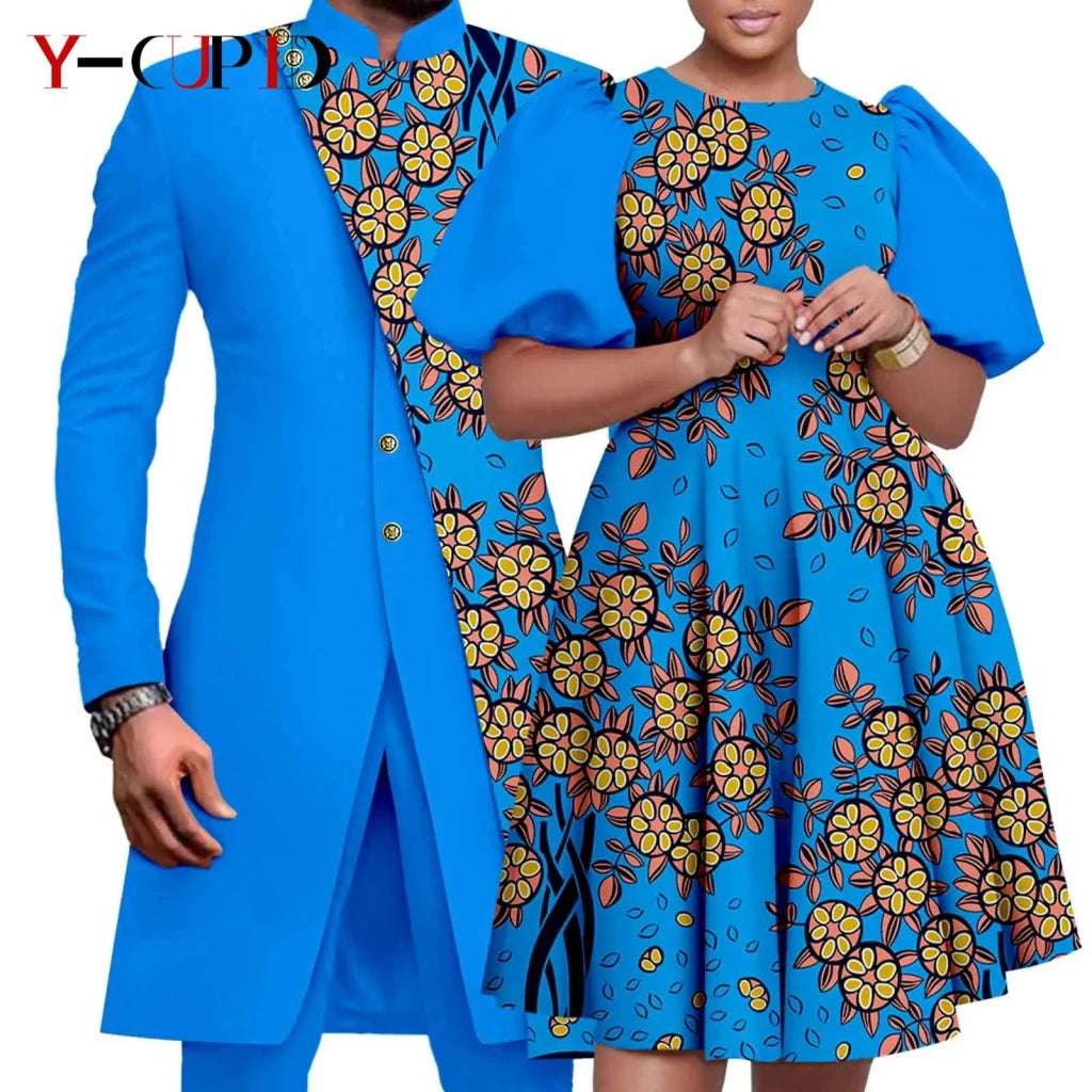 African Couple Matching Outfit Set – Dashiki Print Women’s Dress & Men’s Bazin Riche 2PC Suit Set - Free Delivery Worldwide
