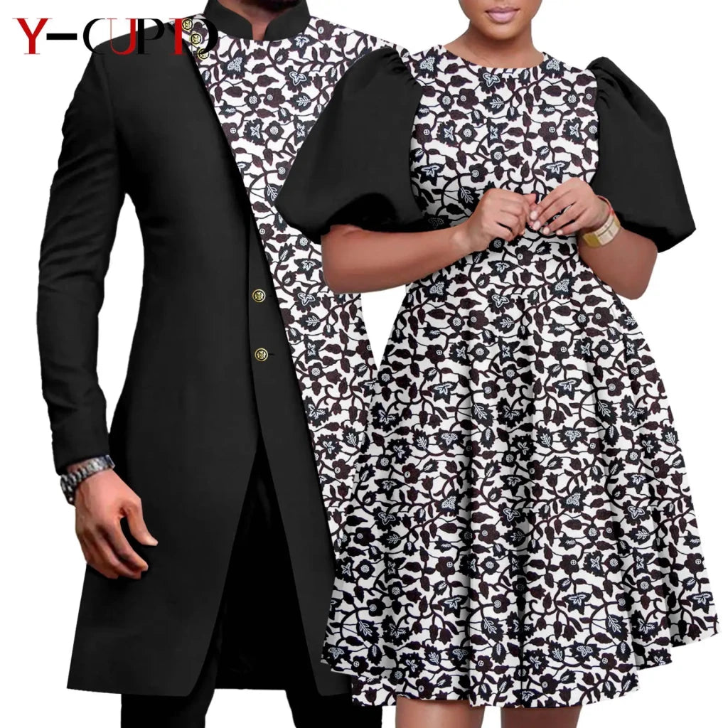 African Couple Matching Outfit Set – Dashiki Print Women’s Dress & Men’s Bazin Riche 2PC Suit Set - Free Delivery Worldwide