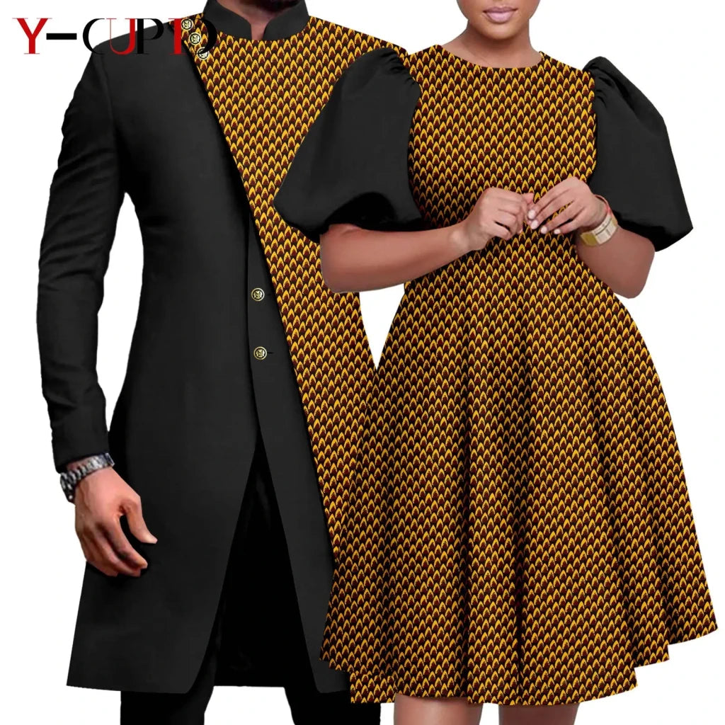 African Couple Matching Outfit Set – Dashiki Print Women’s Dress & Men’s Bazin Riche 2PC Suit Set - Free Delivery Worldwide