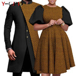 African Couple Matching Outfit Set – Dashiki Print Women’s Dress & Men’s Bazin Riche 2PC Suit Set - Free Delivery Worldwide