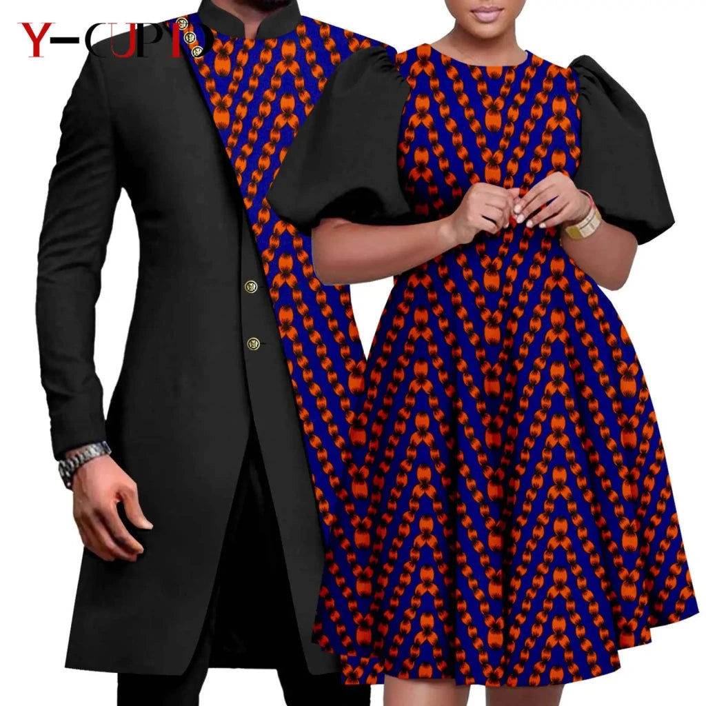 African Couple Matching Outfit Set – Dashiki Print Women’s Dress & Men’s Bazin Riche 2PC Suit Set - Free Delivery Worldwide