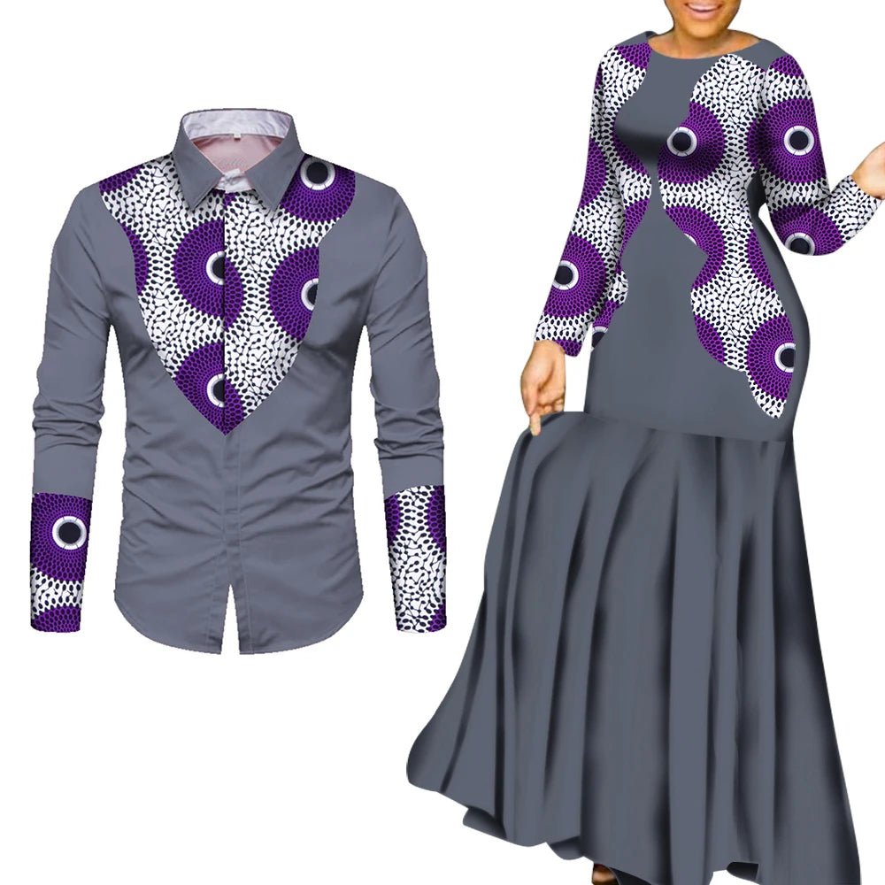 African Couple Matching Outfits – Elegant Lovers’ Traditional Clothing Set, Men’s Shirt & Women’s Long Maxi Dress - Free Delivery Worldwide only at Flexi Africa