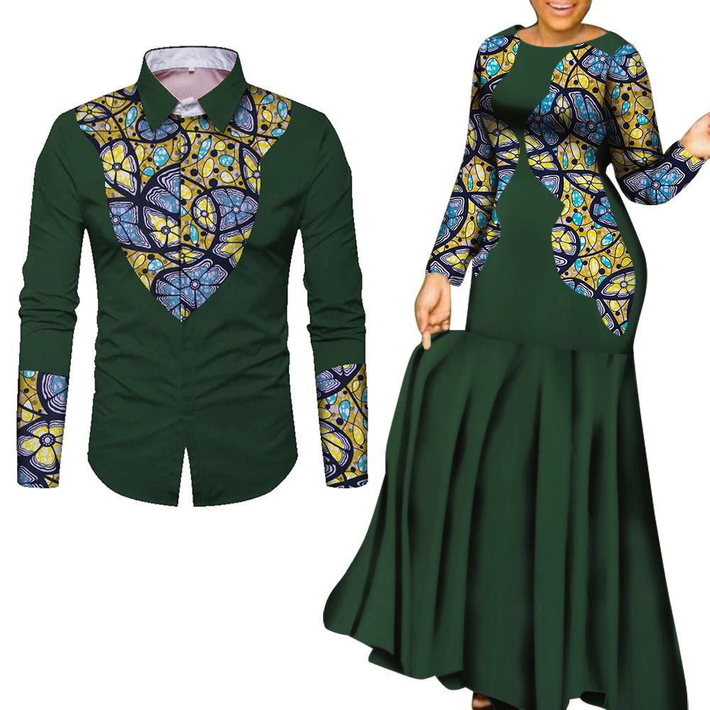 African Couple Matching Outfits – Elegant Lovers’ Traditional Clothing Set, Men’s Shirt & Women’s Long Maxi Dress - Free Delivery Worldwide only at Flexi Africa